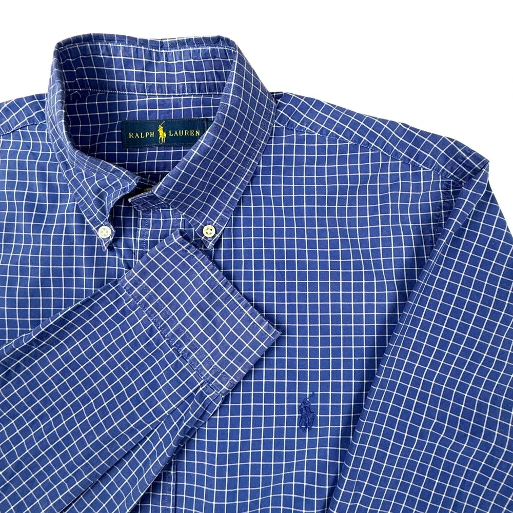 Ralph Lauren Mens Blue White Grid Button Down Shirt Long Sleeve Size Medium